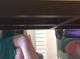 Naughty wife upskirt under table