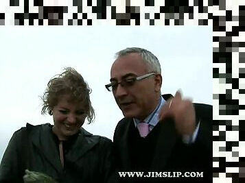 Jim Slip does an interview with a girl, asking her if she has brought...