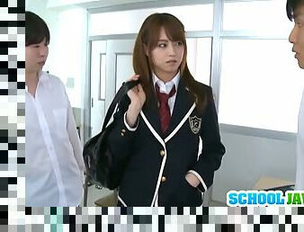 Asian schoolgirl sucking two hard cocks